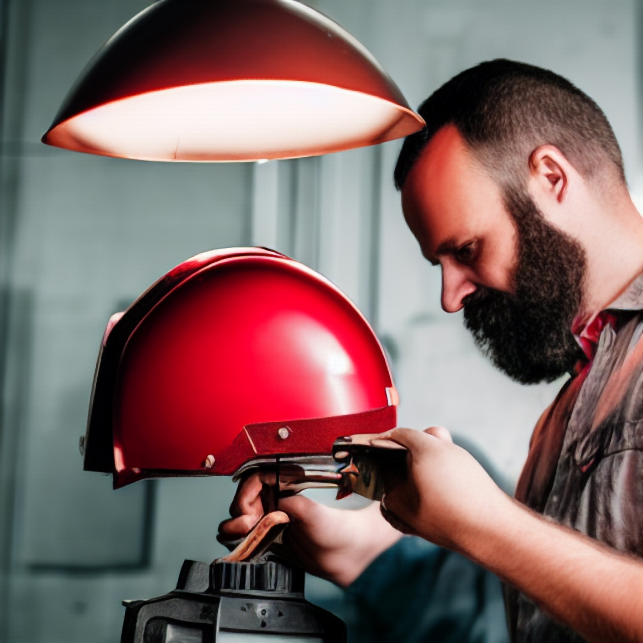 A man with a beard is working on a red helmet.