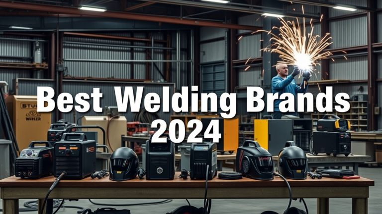 A welder works in a workshop with various welding machines on a table. Bold text reads: "Best Welding Brands 2024.