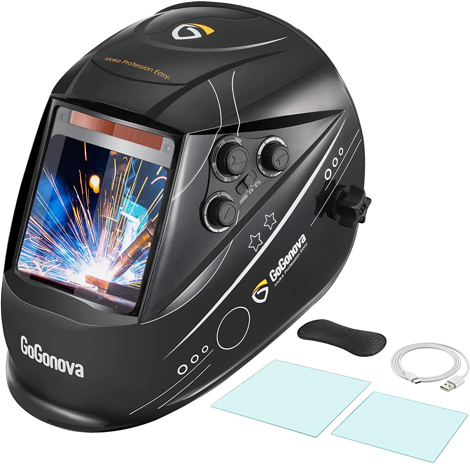 A welding helmet with a tablet and other accessories.