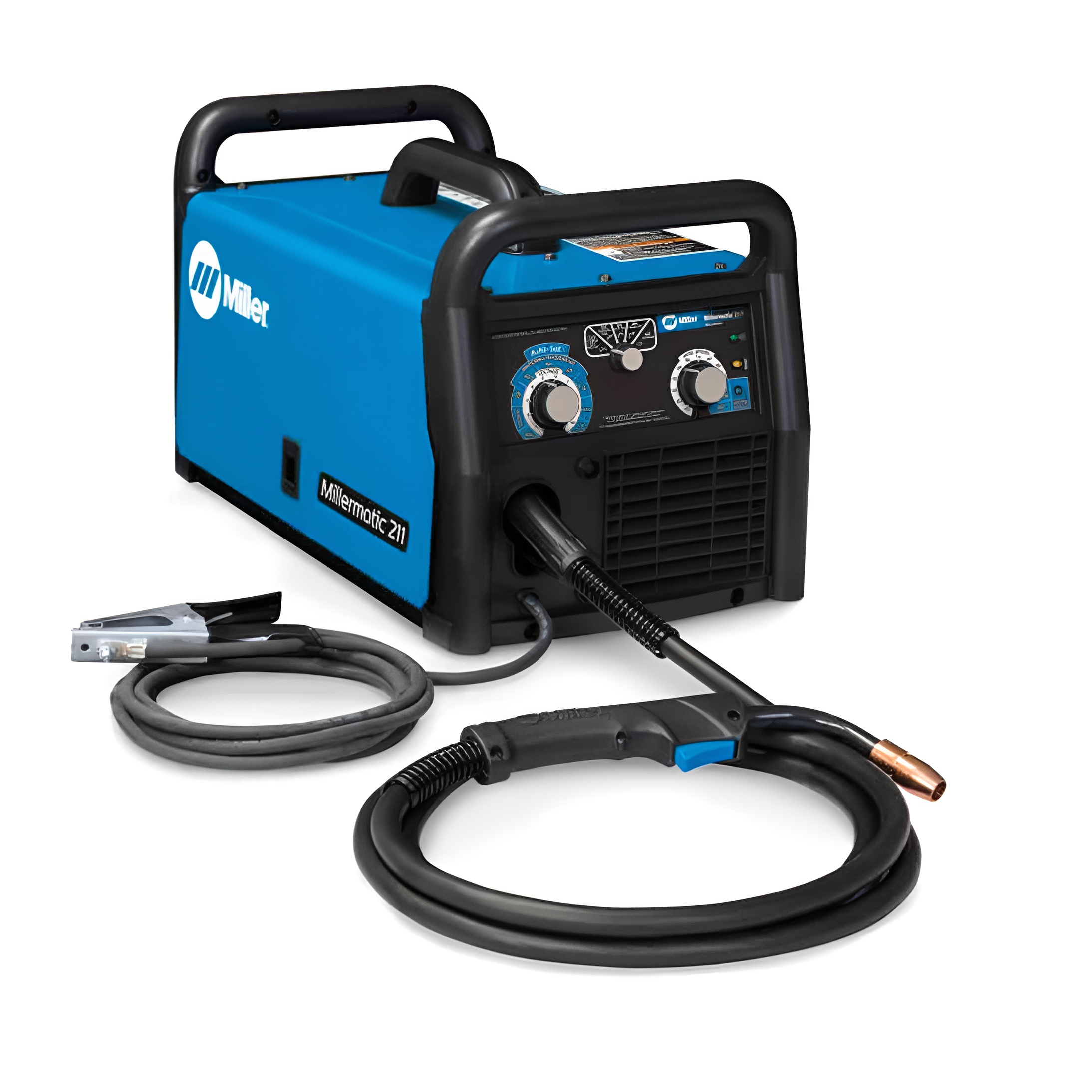 A blue welder with a hose and a hose.