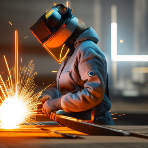 A welder working in a factory with sparks.