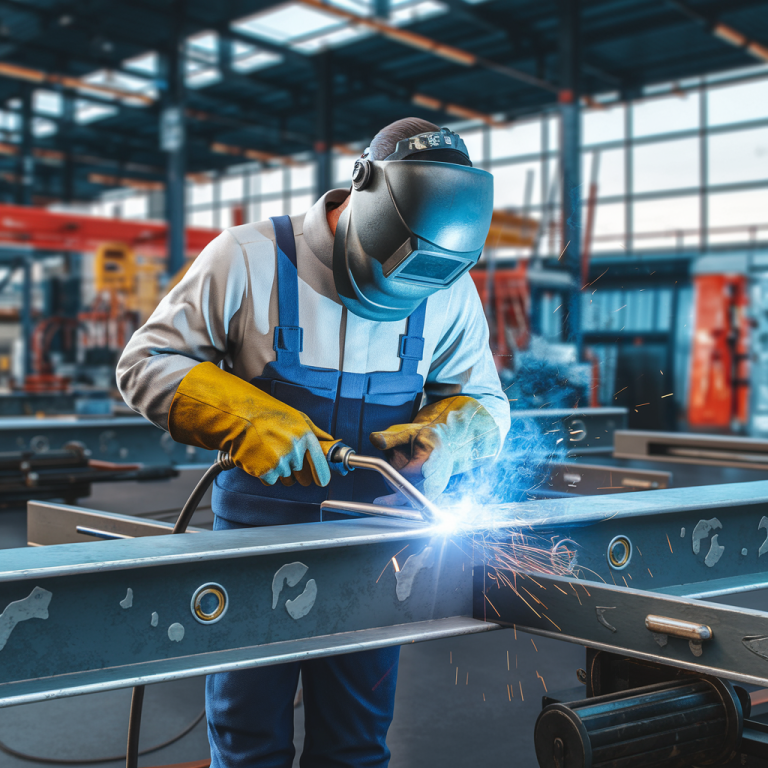 A worker wearing protective gear welds metal beams in an industrial workshop.