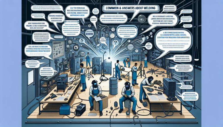 Illustration of a welding workshop with multiple workers, informational bubbles explaining welding techniques and equipment, in a detailed, comic-book style.