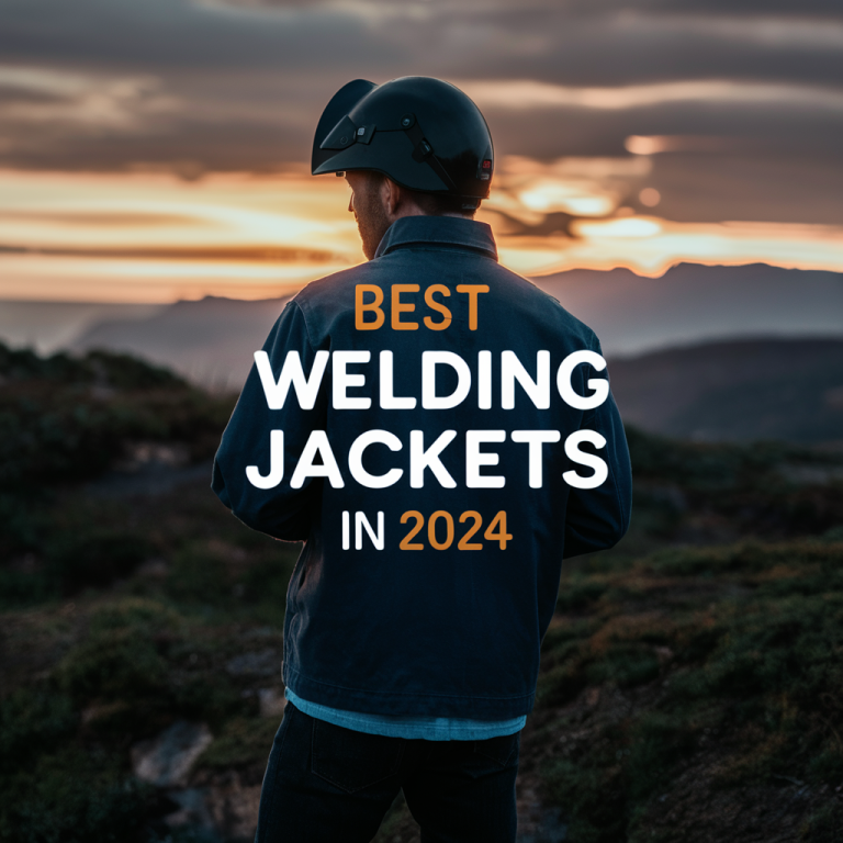 A person stands outdoors at sunset wearing a welding jacket and helmet. Text overlay reads "Best Welding Jackets in 2024.