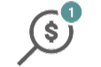 Magnifying glass with a dollar sign inside and a blue notification icon in the corner.