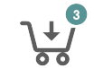 Icon of a shopping cart with an arrow pointing down into it and a circle displaying the number 3 in the top right corner.