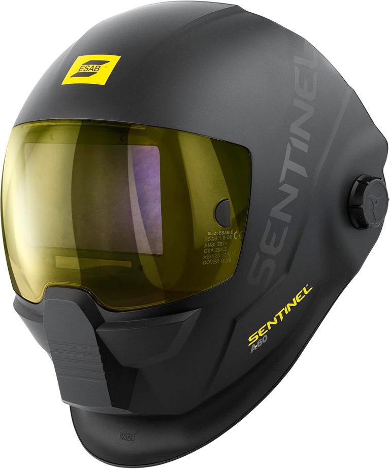 A black welding helmet with a yellow-tinted visor labeled "Sentinel" on the side and front.