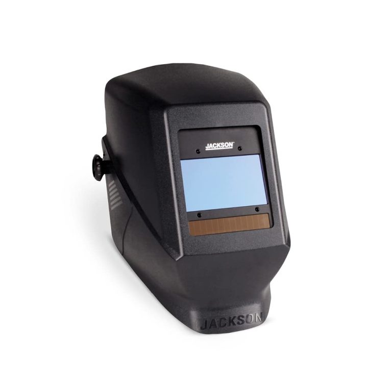 A black welding helmet with a viewing window and adjustable headgear. The brand name "Jackson" is visible on both the viewing window and the front of the helmet.