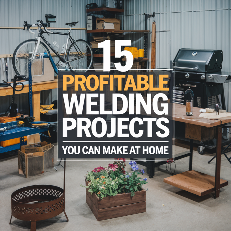 A workshop with various tools, a bike, and a barbecue grill, featuring text: "15 Profitable Welding Projects You Can Make at Home.