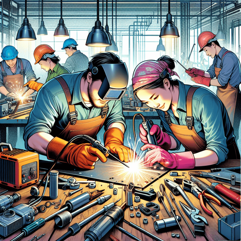 People wearing safety gear work in a well-lit workshop, welding and assembling metal parts on tables covered with various tools and equipment.