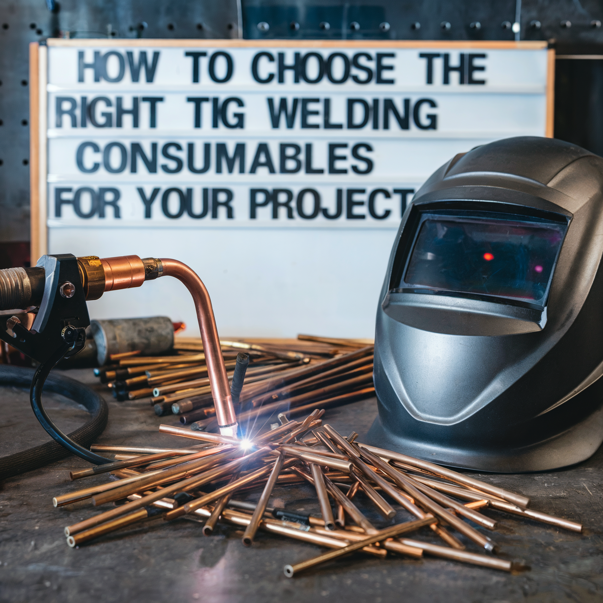A TIG welding setup with various consumables, a welding torch, and a helmet on a table. A lightbox sign in the background reads "How to Choose the Right TIG Welding Consumables for Your Project.