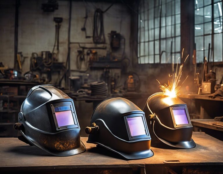 Three welding helmets on a workbench in a dimly lit workshop, with one helmet slightly illuminated by sparks in the background.