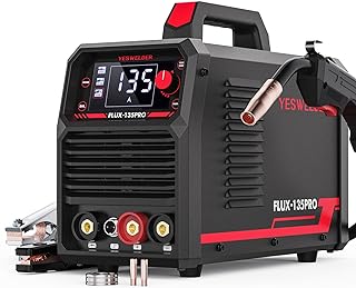 A black and red welding machine with a digital display showing "135" and labeled "YesWelder FLUX-135PRO." It has connectors and a welding torch attached.