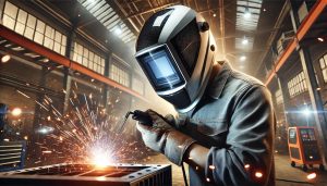 A person wearing a welding helmet and gloves is welding a metal object, causing bright sparks to fly in a large, well-lit industrial workshop.