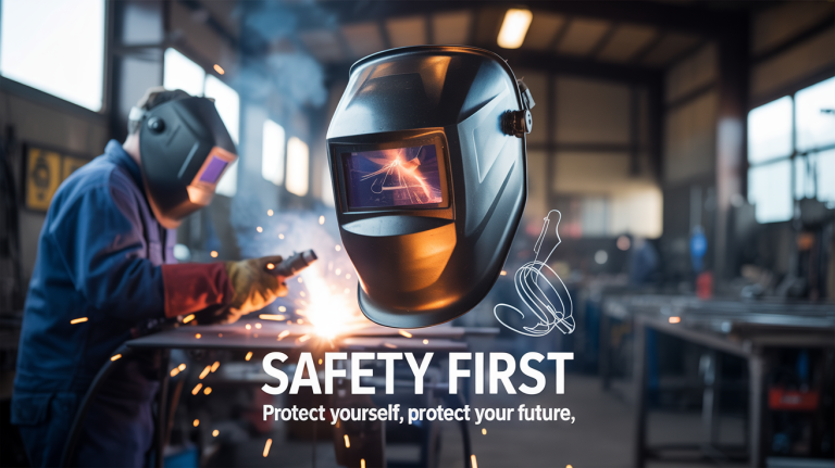Two workers in protective gear weld metal in a workshop, with a welding helmet in focus. Text reads: "Safety First. Protect yourself, protect your future.