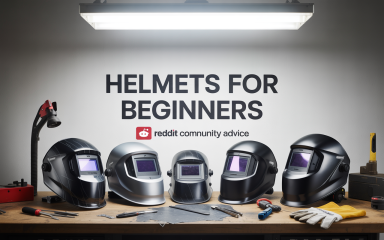 A row of five welding helmets is displayed on a workbench under a bright light, with the words "Helmets for Beginners" and a Reddit community advice logo on the wall behind them.