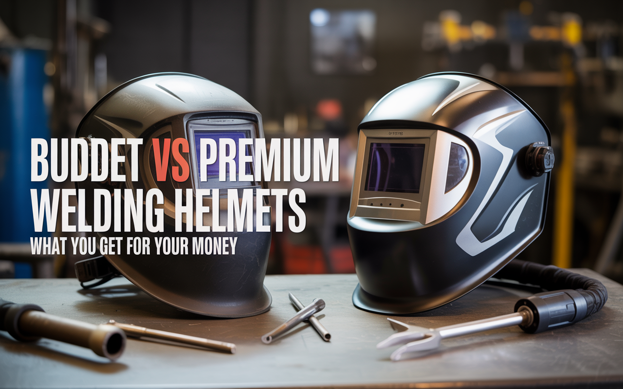 Two welding helmets, labeled budget and premium, are displayed side by side on a workbench with welding tools in a workshop. Text compares budget vs premium options.