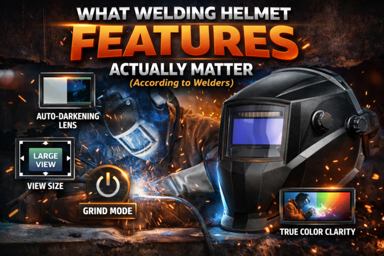Infographic listing key welding helmet features: auto-darkening lens, large view size, grind mode, and true color clarity. Image includes a welder and a close-up of a welding helmet.