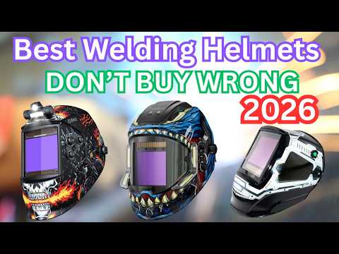 Three detailed welding helmets are displayed with text above reading “Best Welding Helmets DON’T BUY WRONG 2026” on a blurred industrial background.