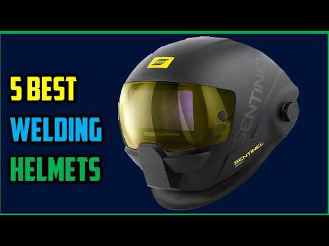 A black welding helmet with a yellow visor is shown next to the text “5 Best Welding Helmets” on a blue background.