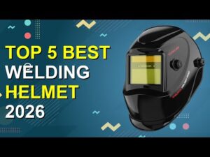 Black welding helmet on a blue patterned background with yellow text reading “Top 5 Best Welding Helmet 2026.”.