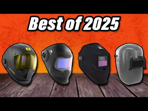 Four welding helmets are shown in a row on a wooden surface with text above reading “Best of 2025” against an orange background.