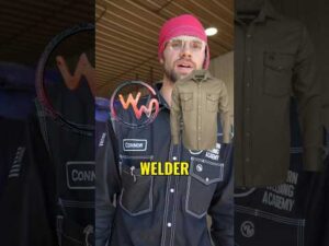 Person wearing glasses, a red head covering, and a welding shirt labeled “Connor” stands indoors. Overlay graphics include “Welder” text and an illustration of a khaki shirt.
