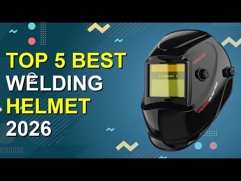 Black welding helmet on a blue patterned background with yellow text reading “Top 5 Best Welding Helmet 2026.”.